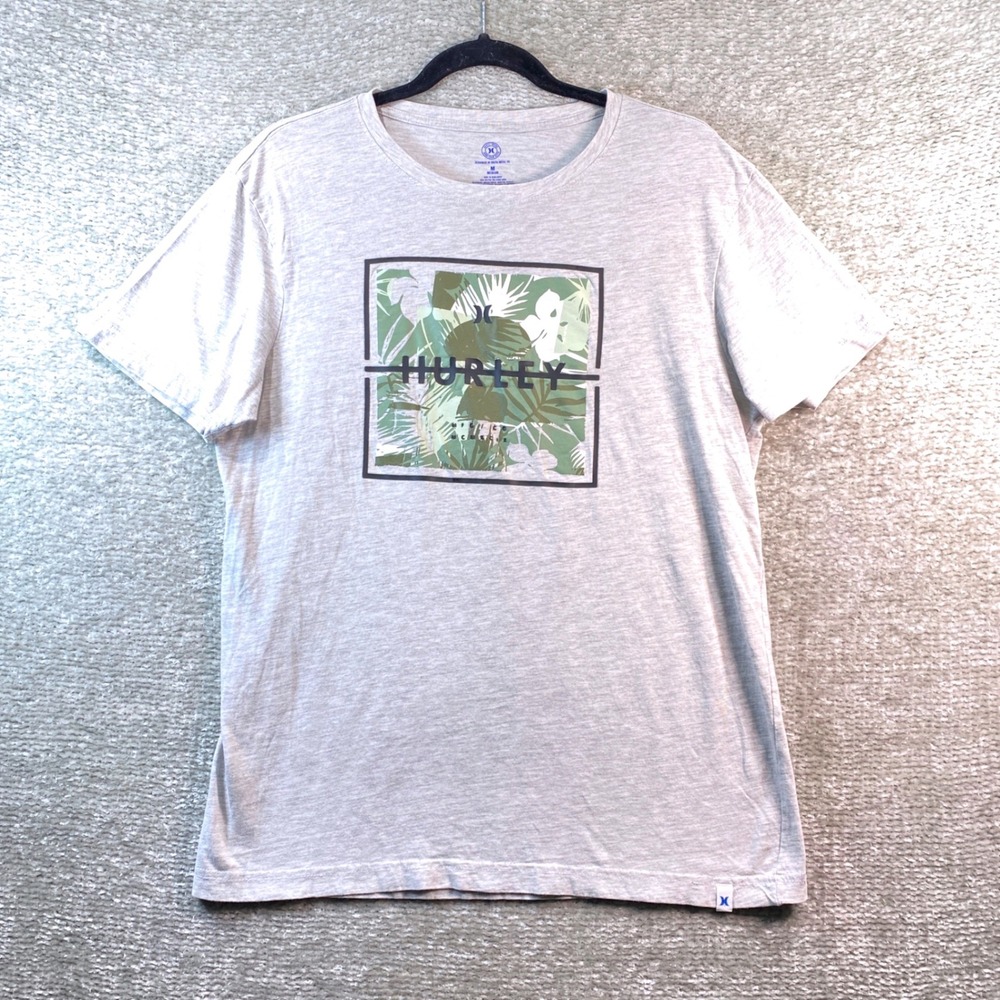 Hurley Mens Medium Heather Gray Tropical Palm Leaf‎ Box Graphic Logo T-Shirt